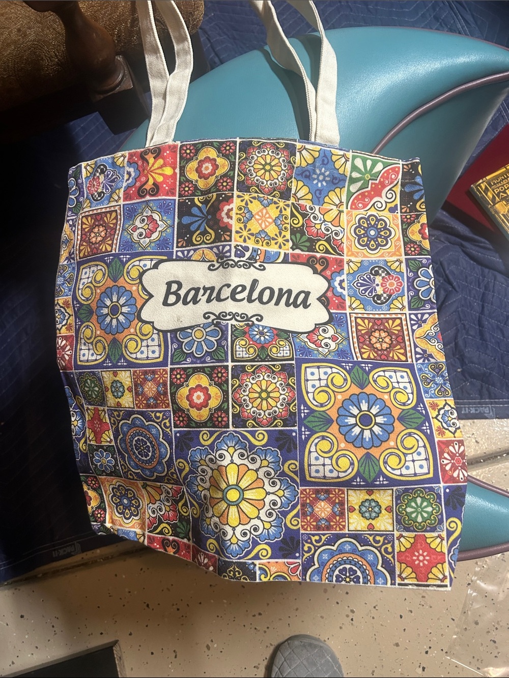 Barcelona Tile Print Canvas Tote Bag -Free Argonne makeup bag